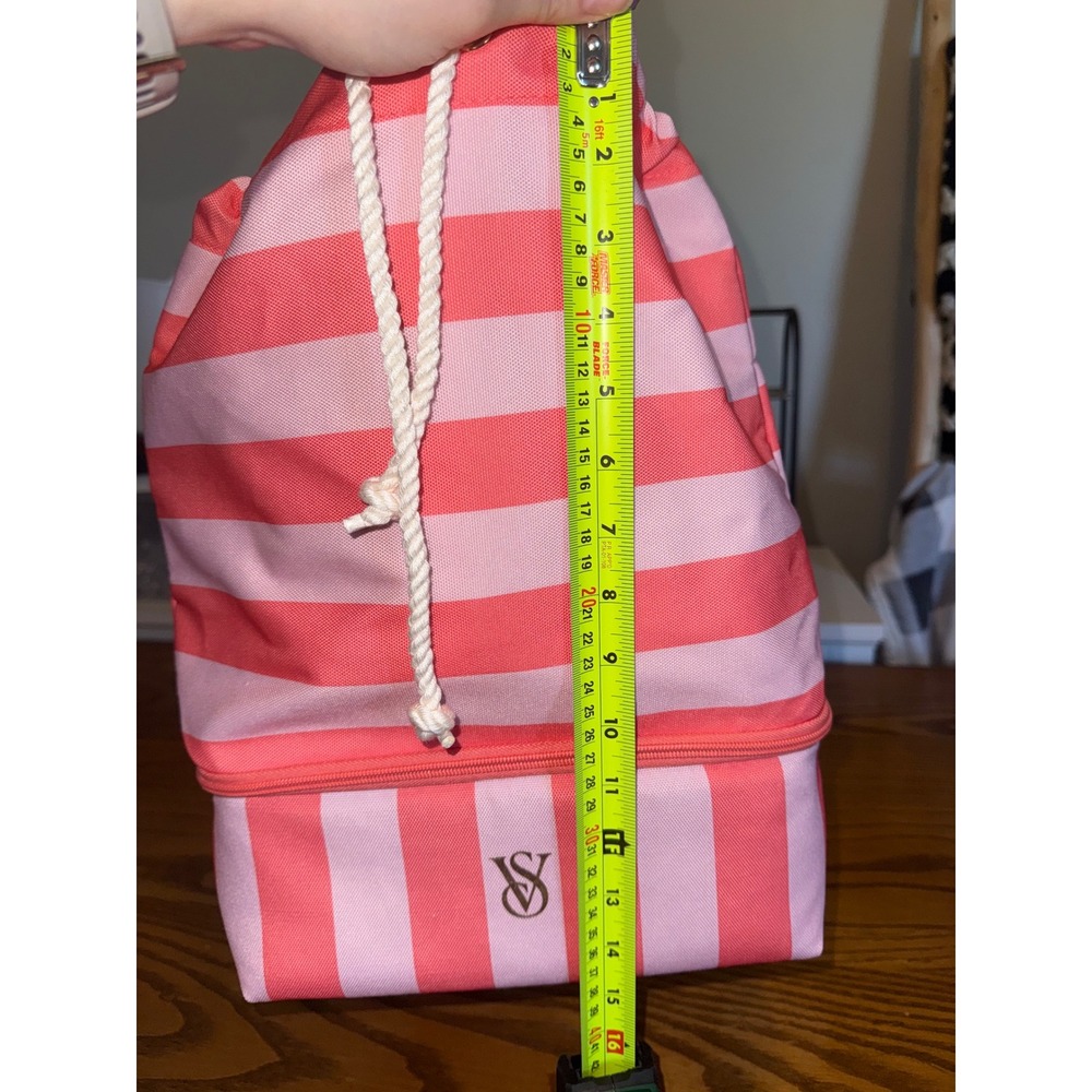 Victorias Secret Pink Striped Drawstring Backpack Cooler Bag Canvas Beach Tote - Picture 6 of 8